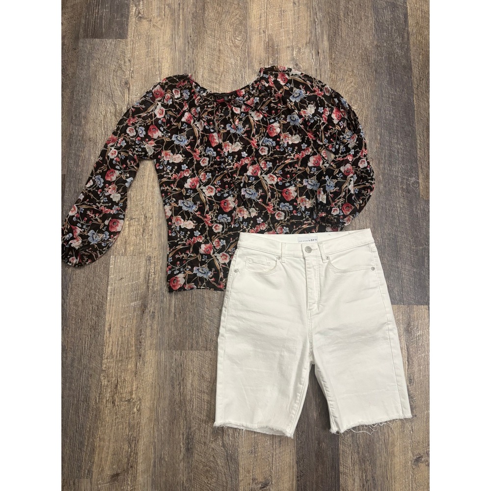 White House Black Market Floral Sheer Peasant Blouse Black Red Blue‎ Size 6